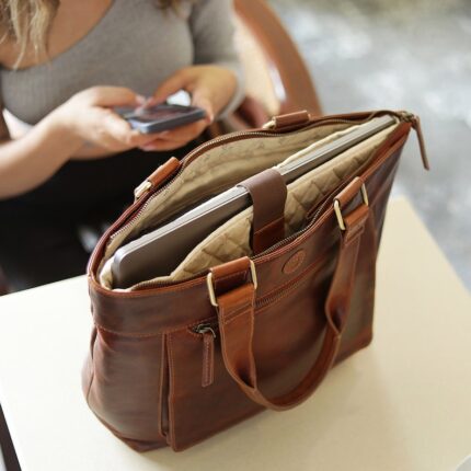 Handmade Brown Leather Tote Bag: Large Laptop Work Purse