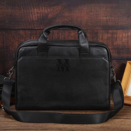 Personalized Mens Leather Laptop Briefcase, Custom Engraved Leather Crossbody Messenger Bag, Gift for Businessman